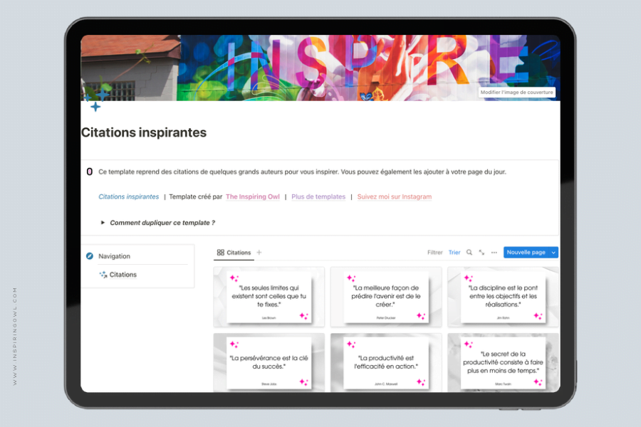 Template Notion gratuit - citations inspirantes