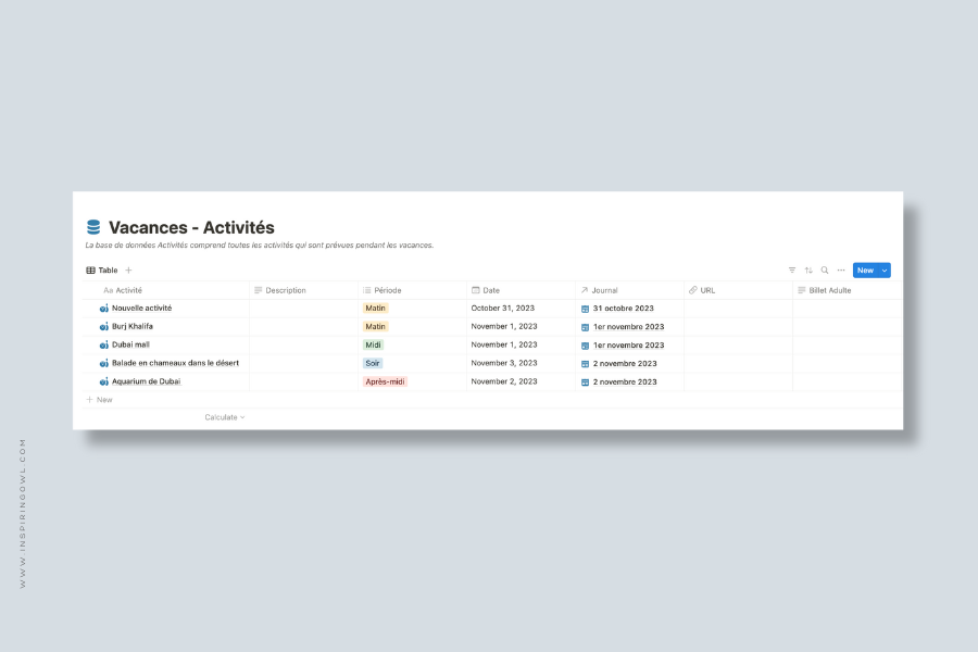 activite template notion
